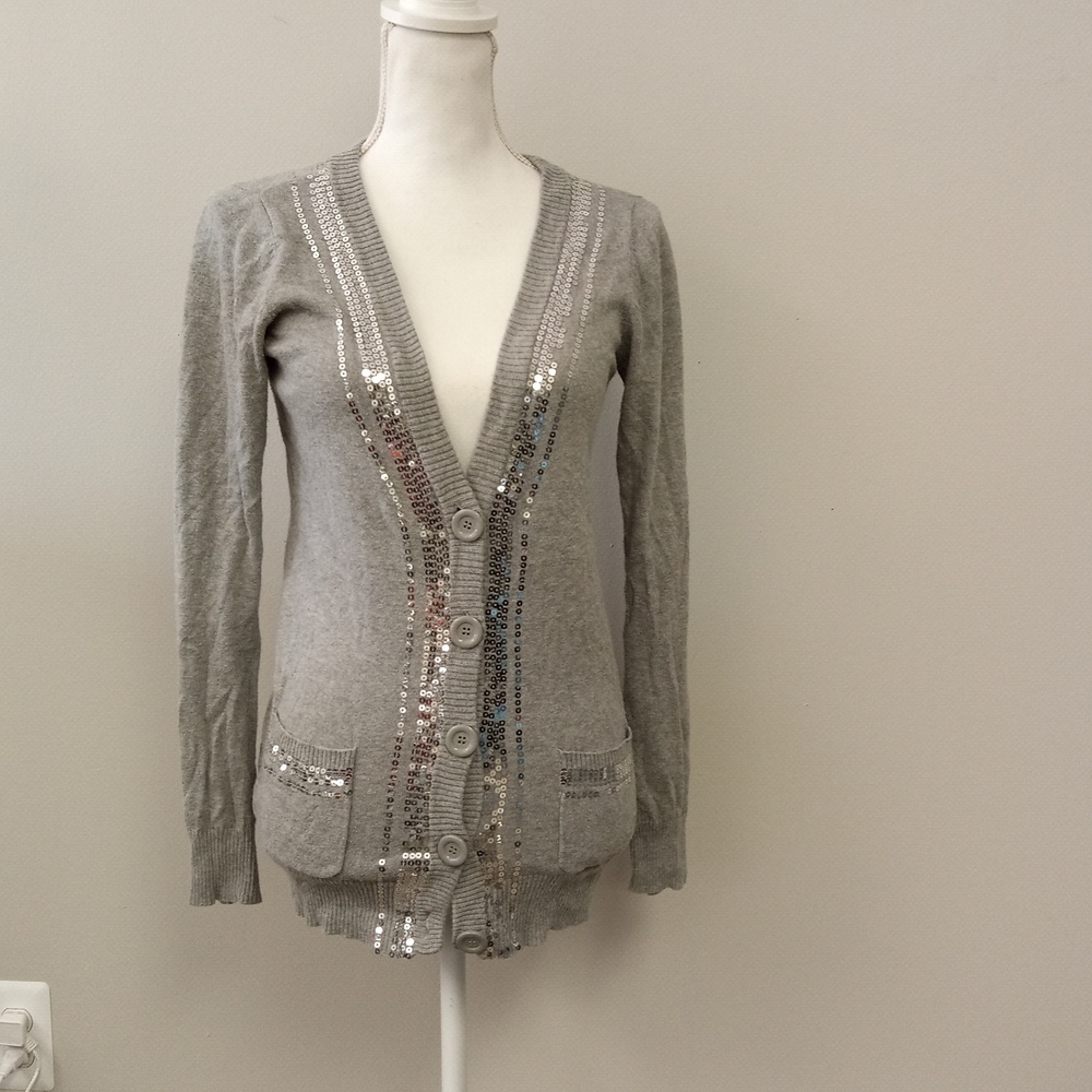 Spiegel Women's Grey Button-Up Cardigan with Sequin Detail on Lapel Size…